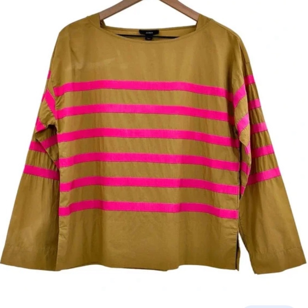 J. Crew Poplin Taupe and Pink Ribbon Stripes Top